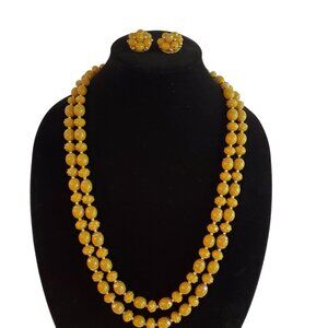 Vintage Beaded Two Layers Necklace and Earrings Set Yellow  27" Made in Hongkong